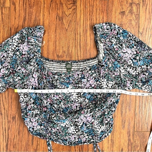 Wild Fable Square Neck Cottagecore Ditsy Blue Purple Drawstring Cropped Blouse - Picture 11 of 15